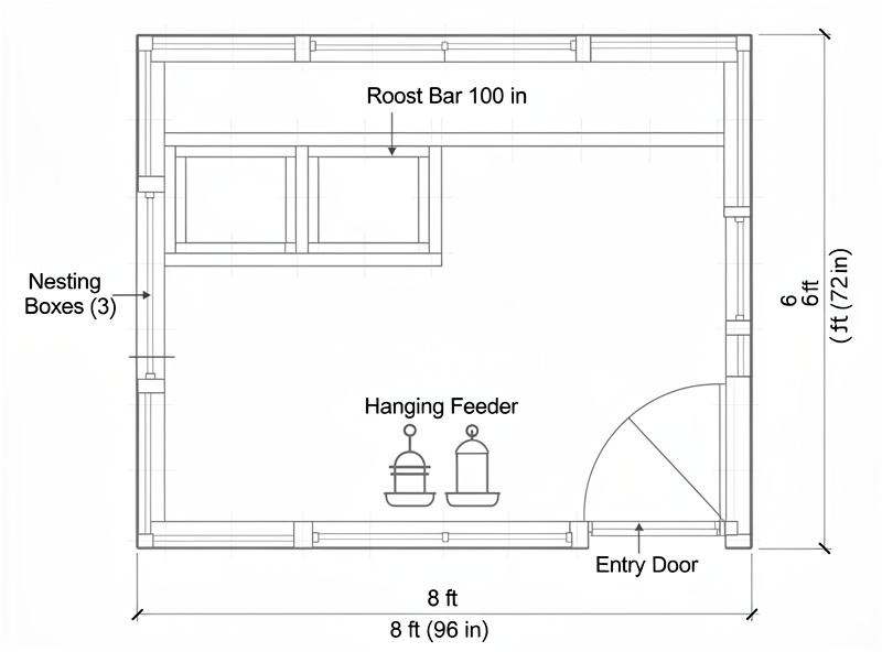Floor plan of a 6x8 walk-in chicken coop showing three nesting boxes, full-length roost bar, and equipment placement for ten hens