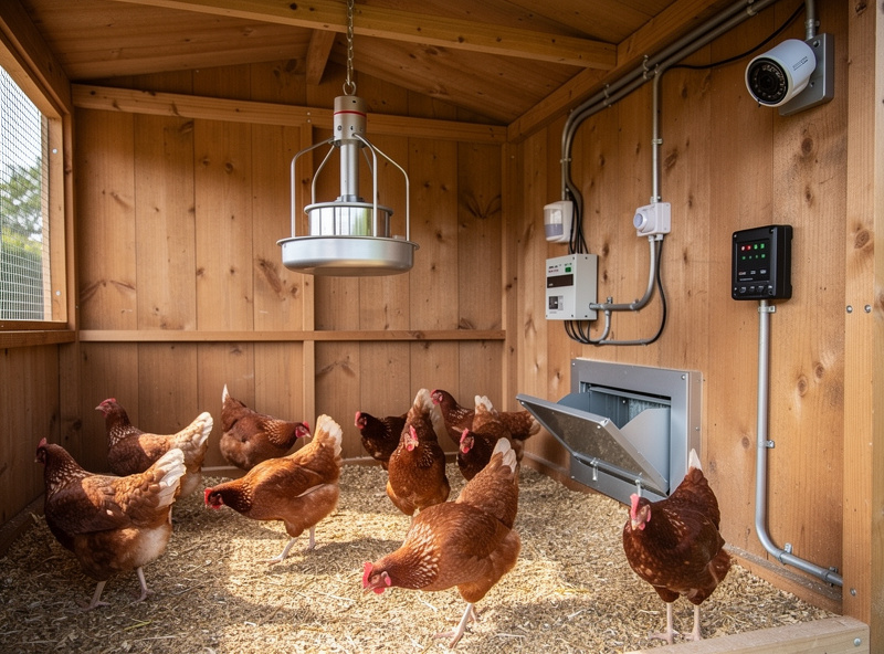 Smart walk-in chicken coop interior with ten hens, automatic feeder, and camera mounted in upper corner