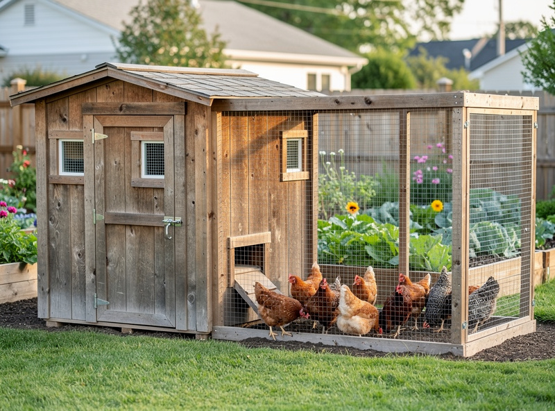 Twelve laying hens inside a 6x8 walk-in chicken coop with three nesting boxes and a long roost bar