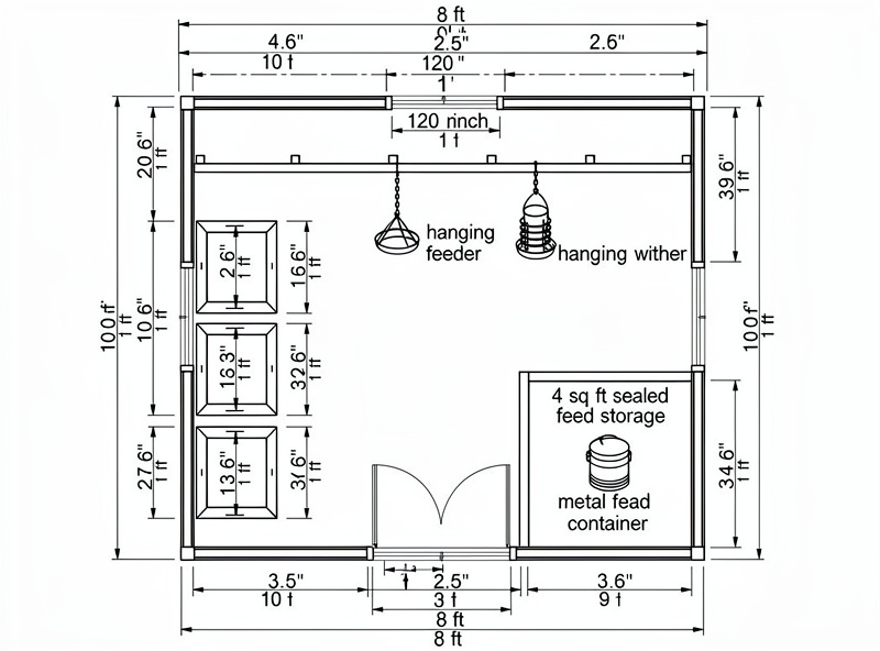 Floor plan of an 8x10 converted shed chicken coop showing three nesting boxes, full-length roost bar, in-coop feed storage corner, and equipment placement for twelve hens