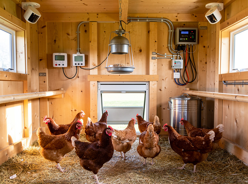 Smart 8x10 converted shed chicken coop with twelve hens, in-coop sealed feed storage in corner, and full smart automation visible