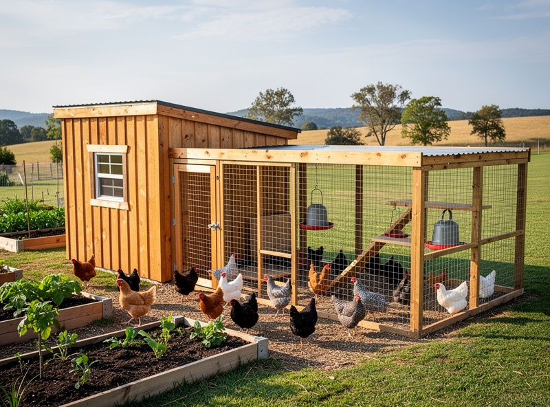Twenty laying hens inside a converted shed chicken coop with multiple roost bars and four nesting boxes