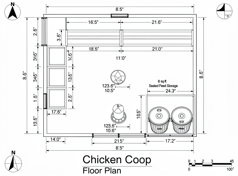 Floor plan of an 8x10 converted shed chicken coop showing four nesting boxes, two parallel roost bars at same height, sealed feed storage corner, and equipment placement for twenty hens