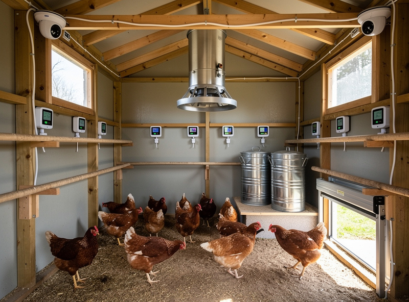 Smart 8x10 converted shed coop with twenty hens, multi-zone sensor coverage, dual cameras, and bulk feed storage