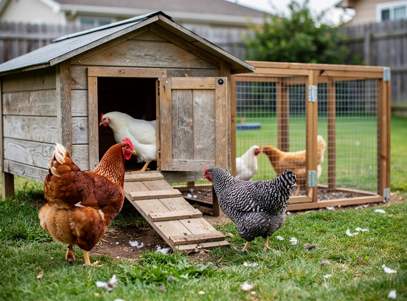 Four laying hens in a small backyard chicken coop with run