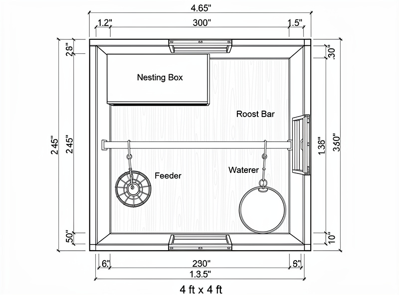 Floor plan layout of a 4x4 chicken coop showing nesting box, roost bar, feeder and waterer positions