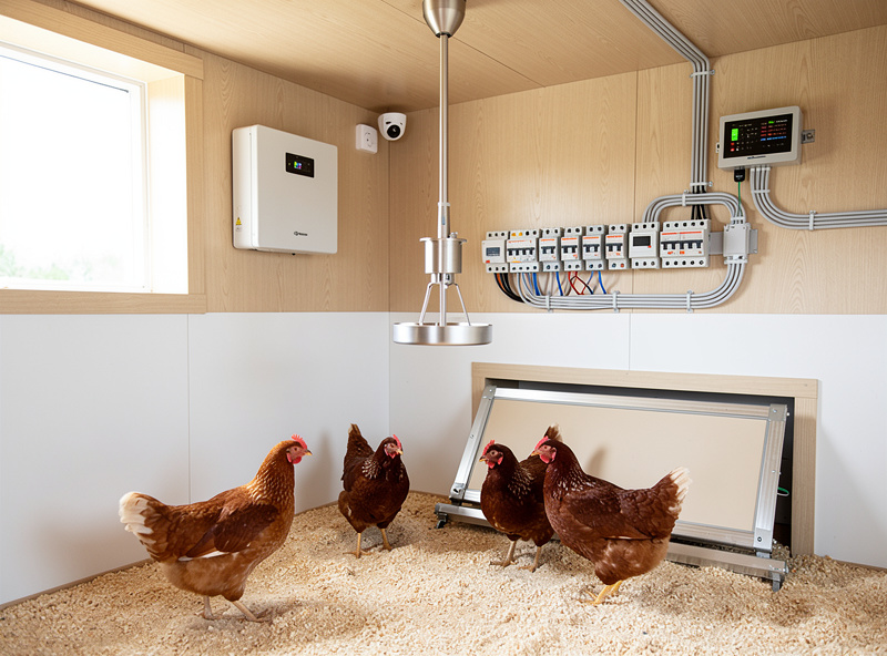 Smart chicken coop with 4 hens showing wall-mounted equipment and ceiling-hung feeder to save floor space
