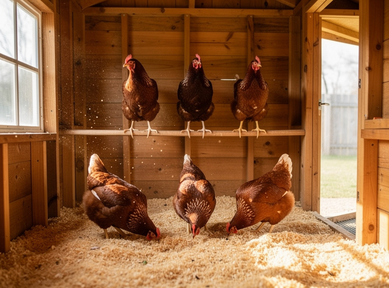 Six brown laying hens inside a wooden chicken coop with measured floor space