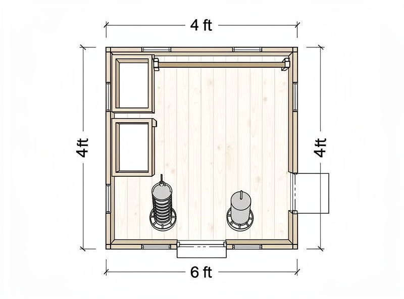 Layout diagram of 4x6 chicken coop interior showing nesting boxes, roost bar, feeder and waterer placement for 6 chickens
