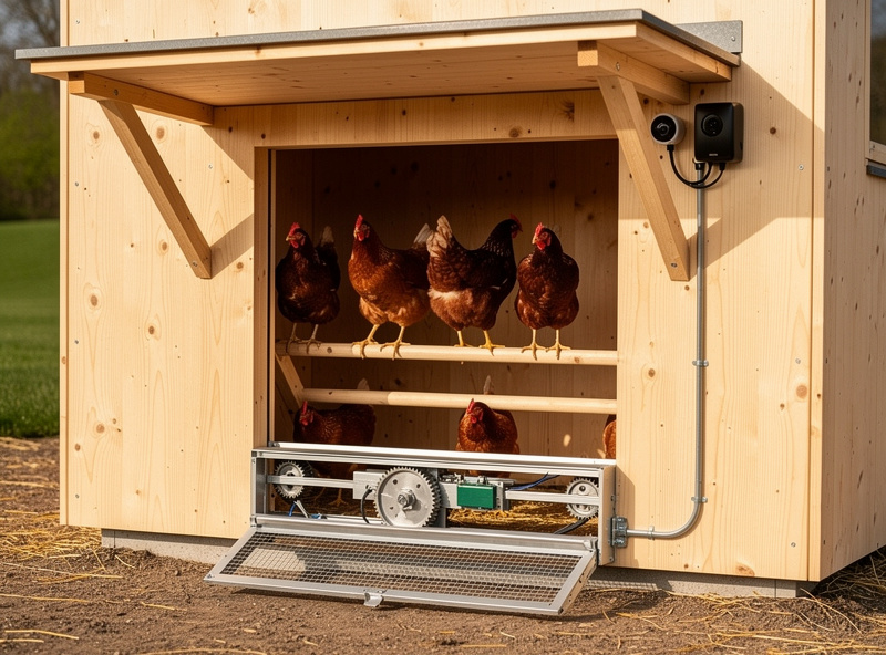 Smart chicken coop with 6 hens showing automatic door, sensor placement, and feeder layout