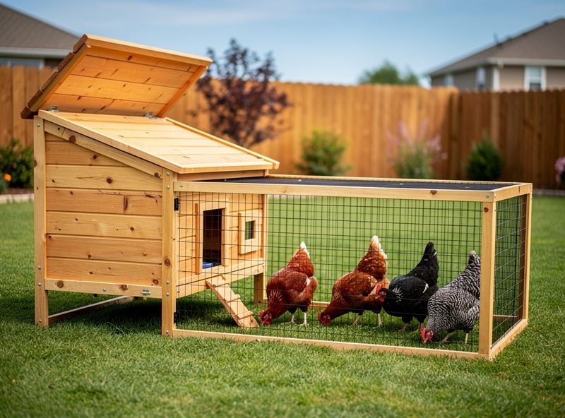 Eight backyard laying hens inside a 4x8 chicken coop with attached run