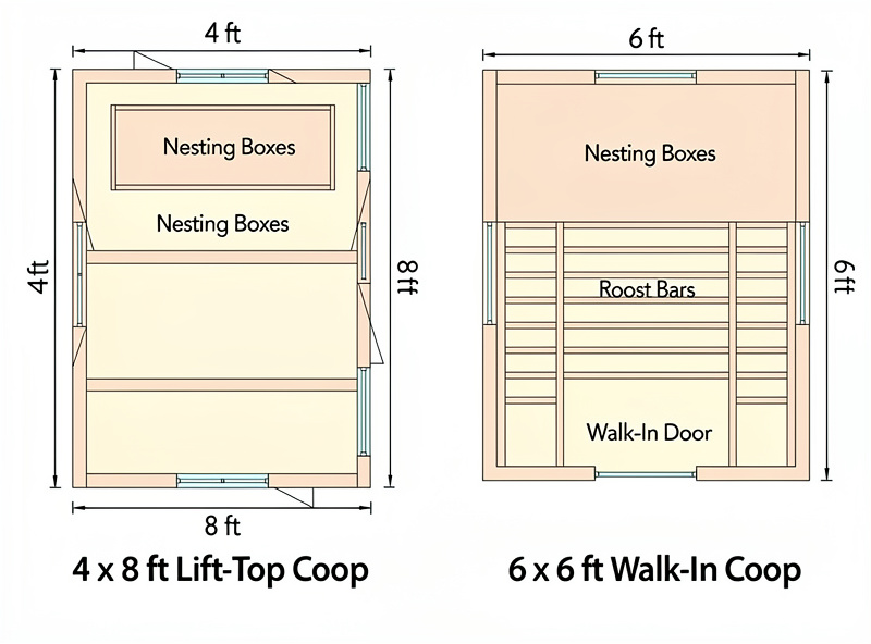 Side-by-side floor plan comparison of a 4x8 lift-top coop and a 6x6 walk-in coop both sized for 8 chickens