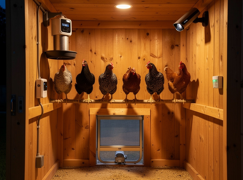 Smart 4x8 chicken coop interior with eight hens, ceiling-hung feeder, automatic door at base of wall, and motion sensor in upper corner