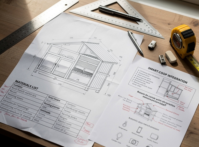 Custom chicken coop design specification document with measurements, materials list, and smart-coop integration details