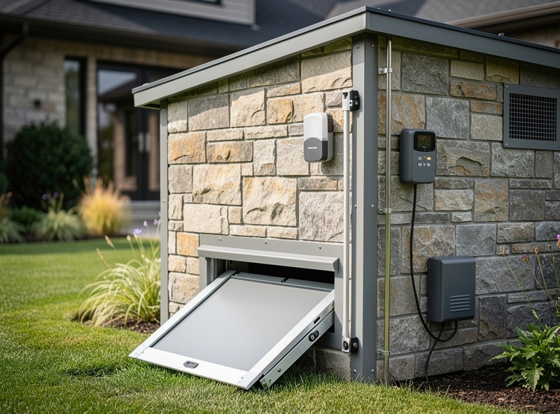 Architect-designed custom chicken coop with smart automation infrastructure pre-installed and integrated property aesthetics