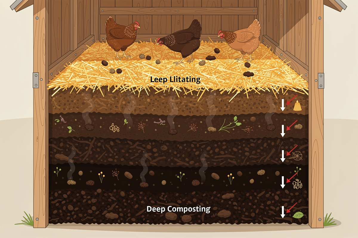 Deep litter method layers in a chicken coop showing composting process