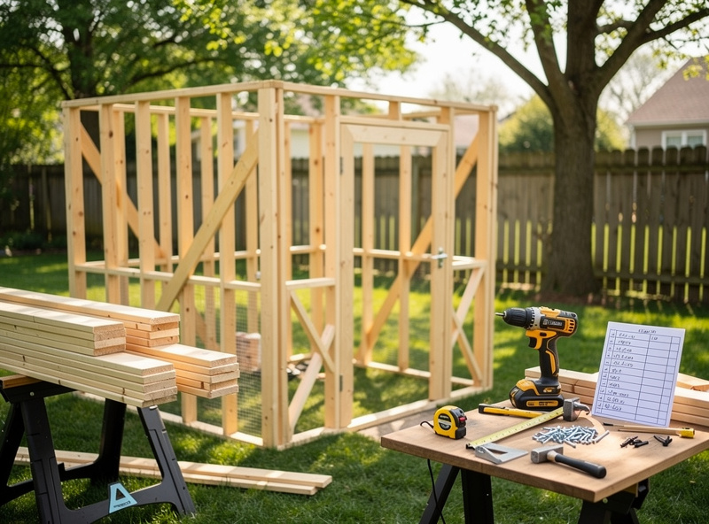 DIY chicken coop construction with materials and tools laid out