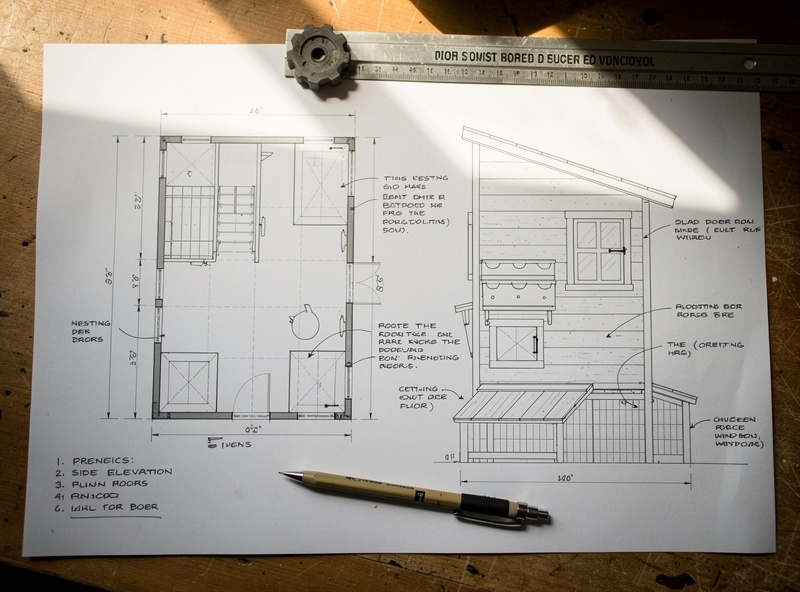 DIY chicken coop blueprint with floor plan and elevation drawings
