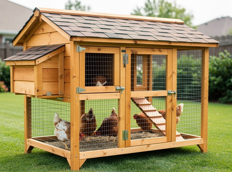 Completed DIY chicken coop in backyard with chickens, finished build