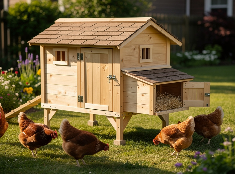 Small 4x4 DIY chicken house in backyard with nesting box access