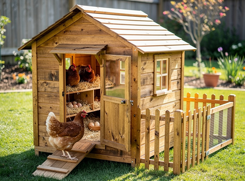Repurposed playhouse converted to chicken house with nesting boxes