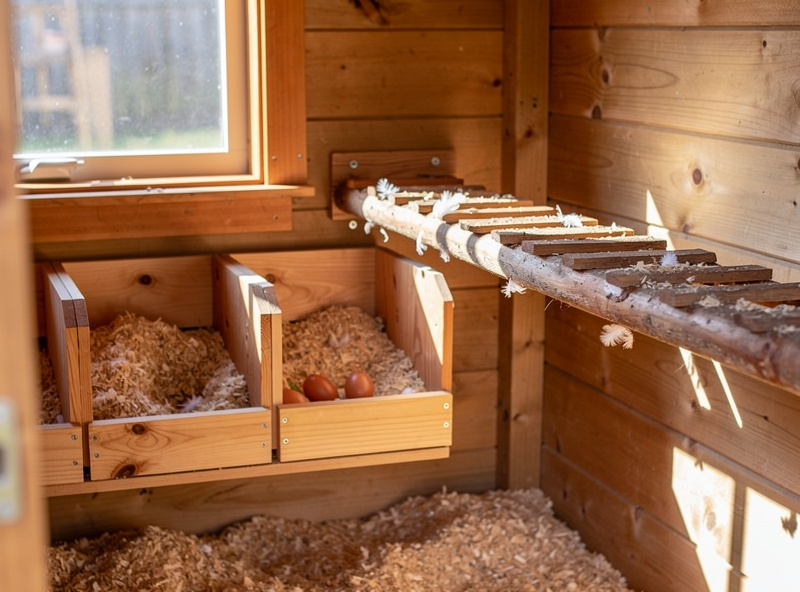 Interior of DIY chicken house showing roost bar and nesting boxes