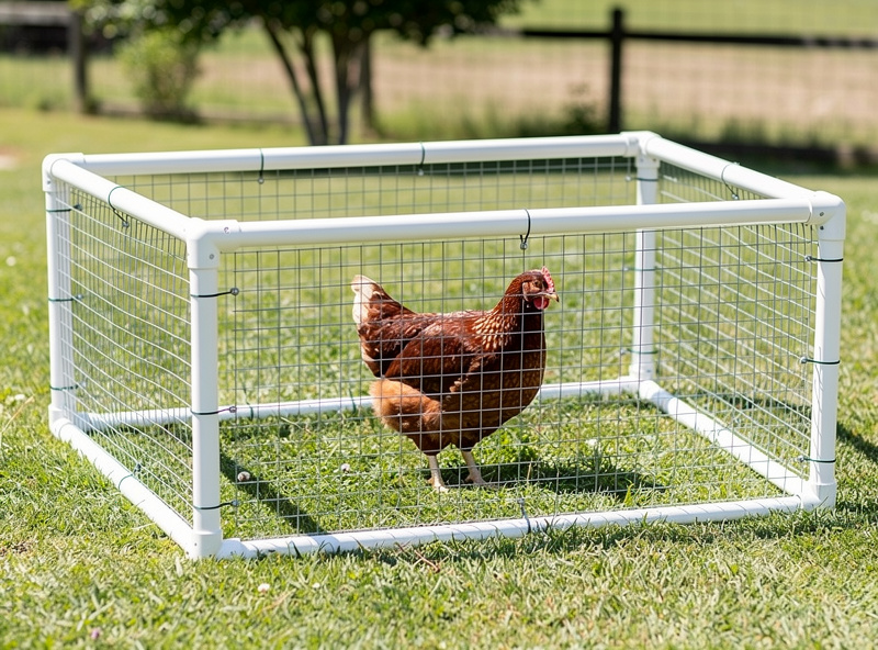DIY PVC pipe and hardware cloth chicken pen in backyard