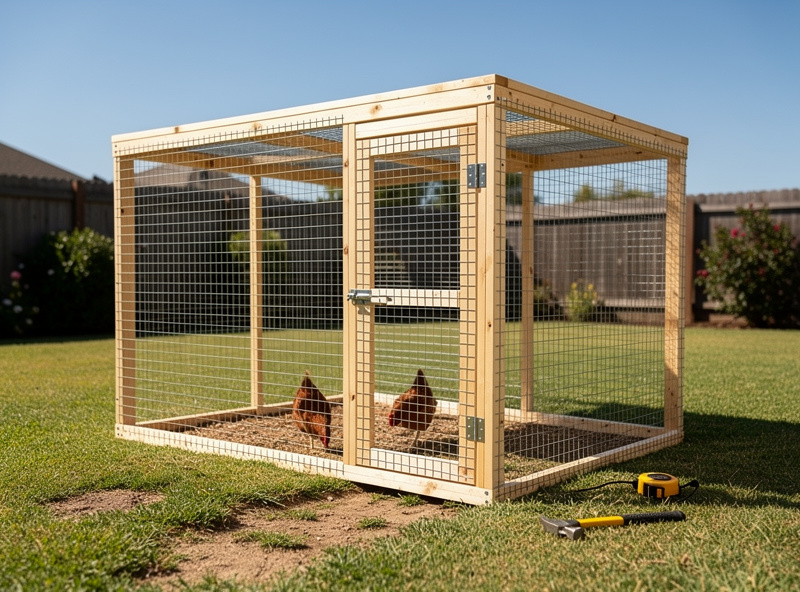 Wood frame chicken pen with hardware cloth in backyard