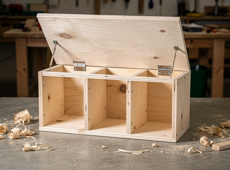 Freshly built 4-cubicle plywood nesting box bank with the hinged lift-top open showing all four interior cubicles