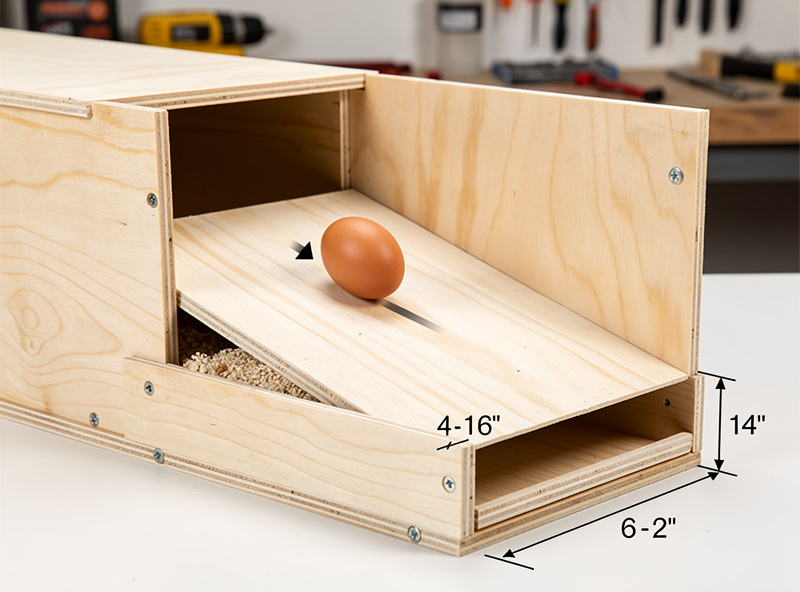 Cross-section showing a roll-away DIY nesting box conversion with angled plywood floor and brown egg rolling toward collection tray