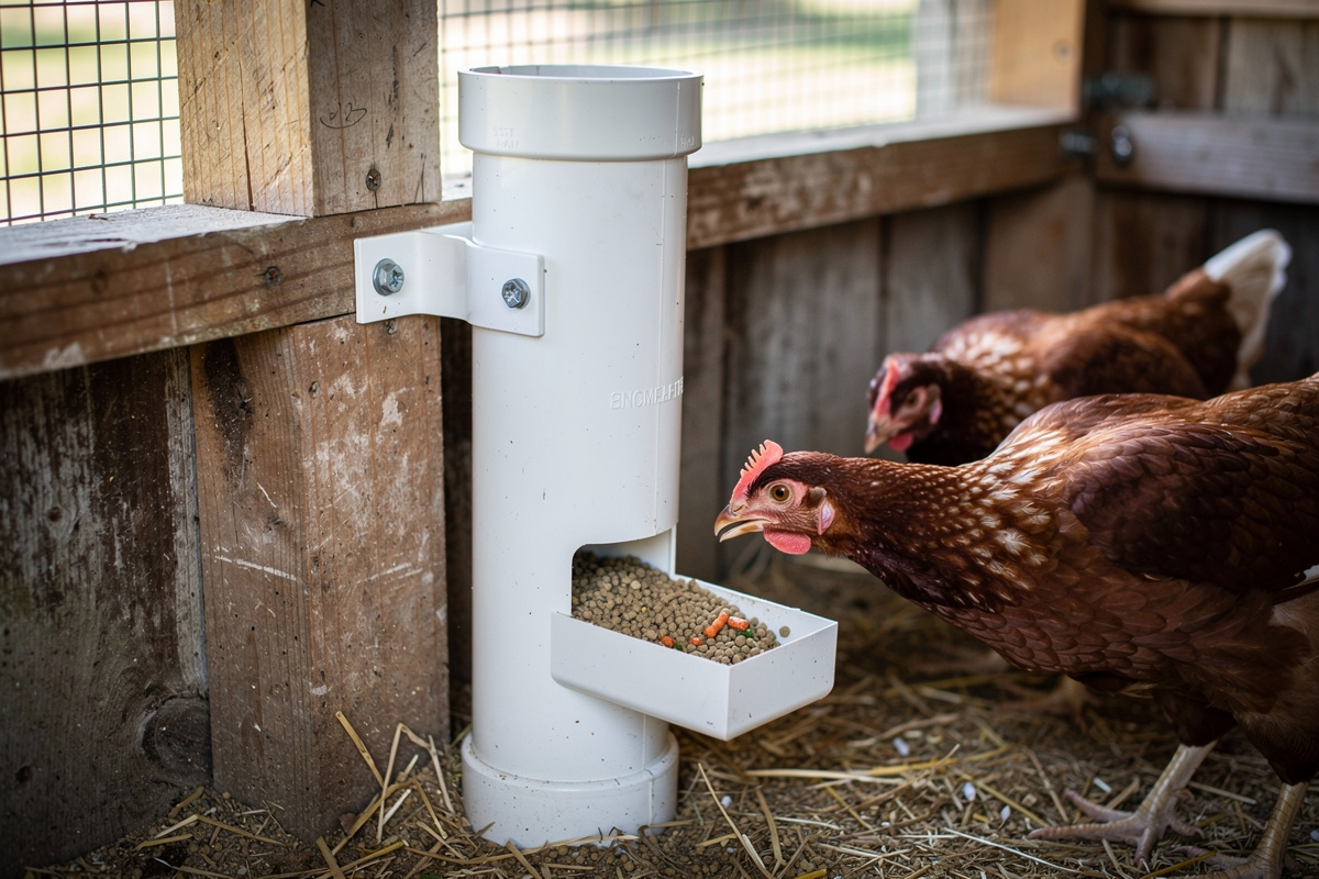 DIY PVC pipe chicken feeder mounted in coop wall