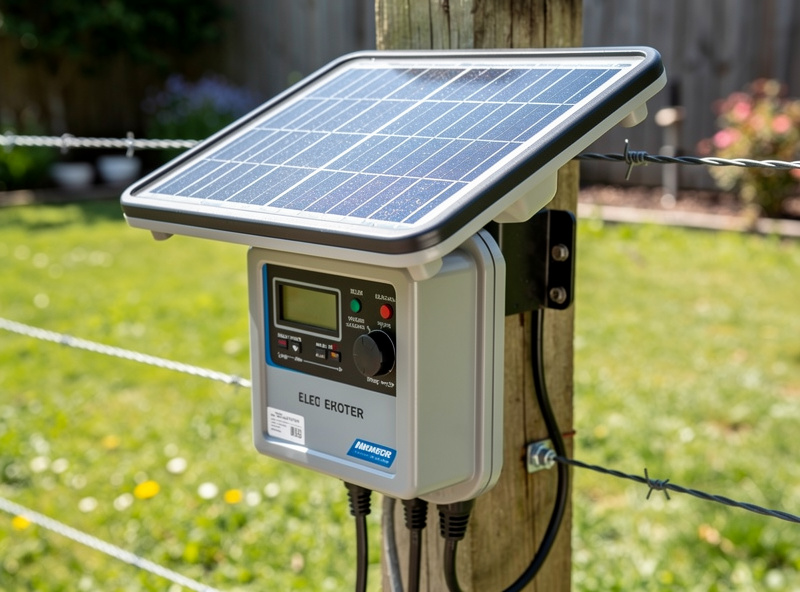 Solar-powered electric fence charger box mounted on a fence post with solar panel angled toward the sun