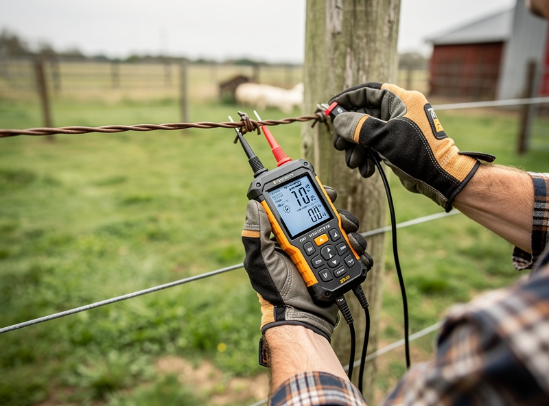 Person using a digital voltage tester on an electric fence wire to verify it carries proper voltage