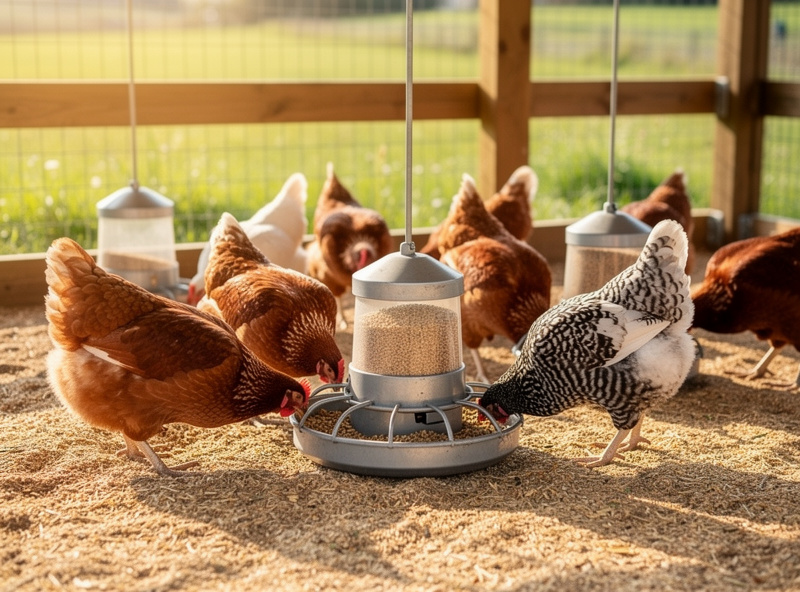 Flock of chickens eating from automatic feeders in clean coop