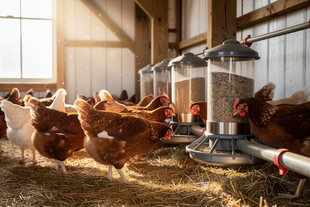 Flock of chickens eating from multiple automatic feeders in a clean coop
