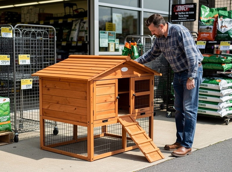 Multiple chicken coops on display at a farm supply store with price tags showing different formats