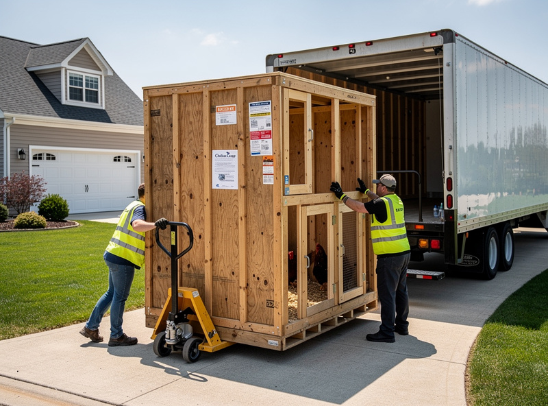 Freight shipping a large walk-in chicken coop on a flatbed truck for delivery to a residential customer