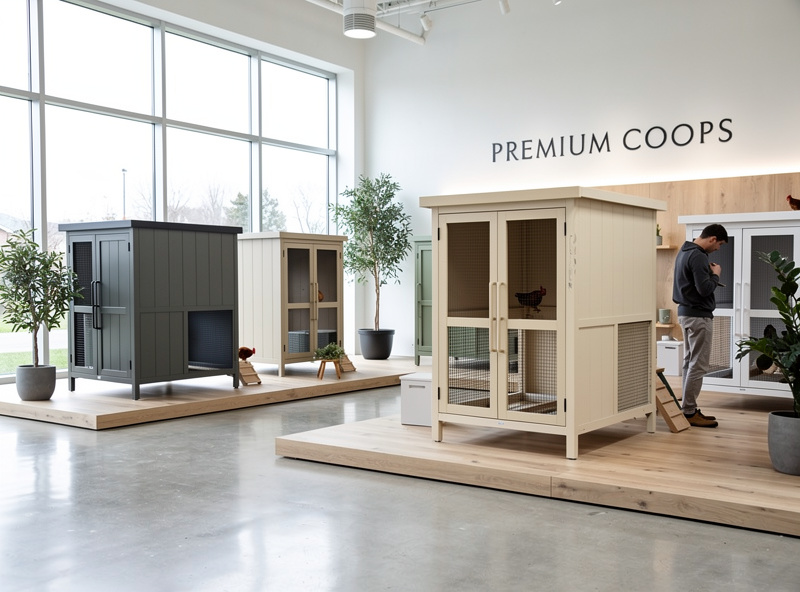 Customer inspecting a quality walk-in chicken coop at a specialty backyard chicken brand showroom