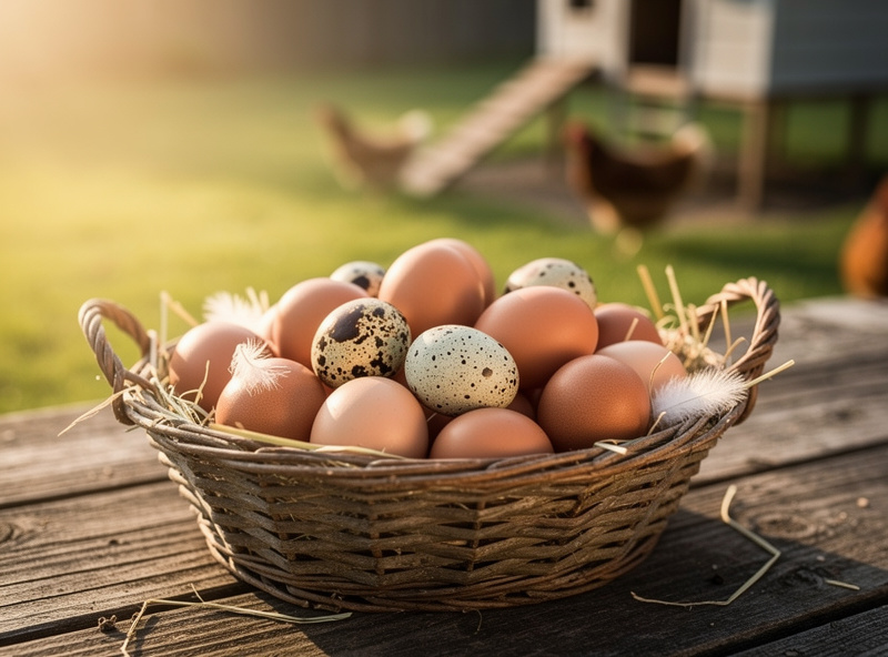 Fresh eggs collected from backyard chickens in wicker basket