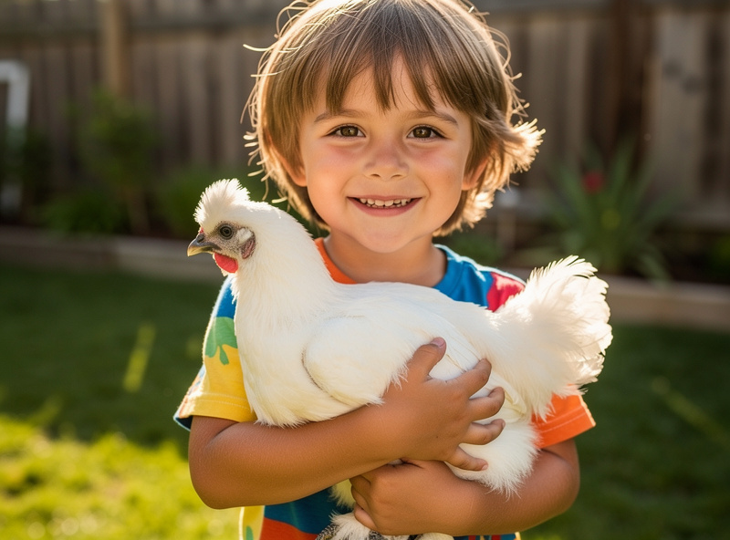 Child holding fluffy white Silkie chicken