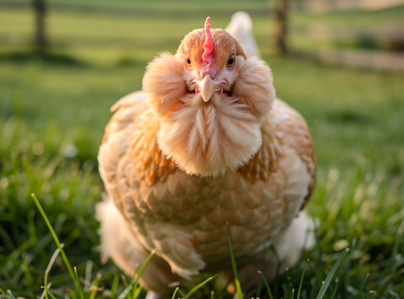 Salmon Faverolles hen with feathered face