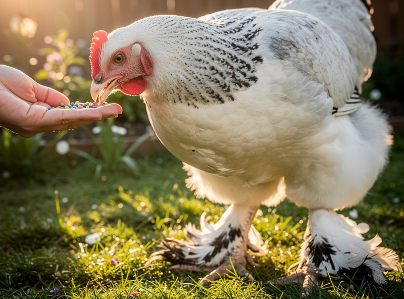 Light Brahma eating from hand