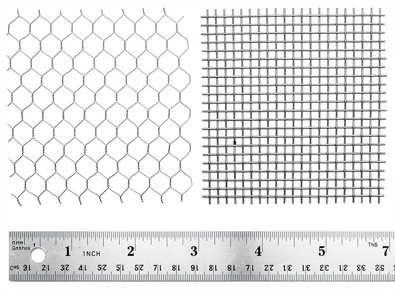 Side-by-side comparison of 1-inch chicken wire and 1/2-inch galvanized hardware cloth mesh