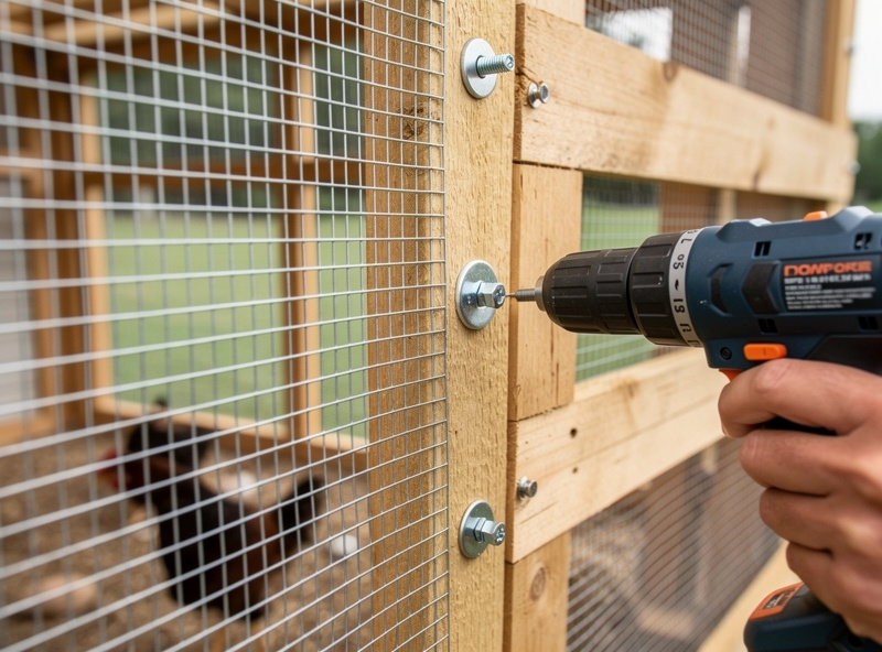 Person installing hardware cloth on a chicken coop wall using fender washers and a power drill