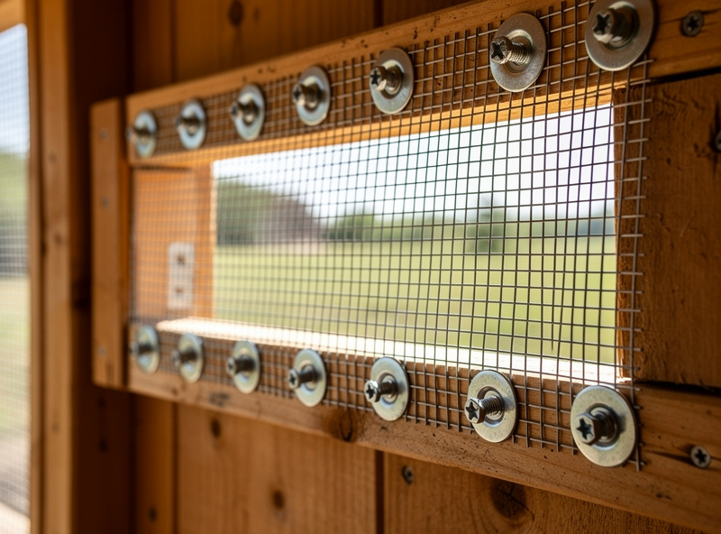 Hardware cloth covering a chicken coop ventilation opening from the inside with predator-proof installation