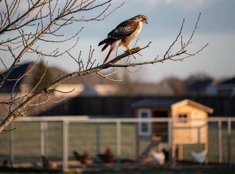 Red-tailed hawk perched on a tree branch overlooking a backyard chicken run