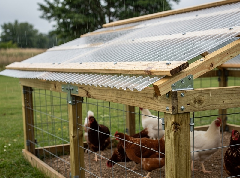 Chicken run with a polycarbonate corrugated roof on a wooden frame providing hawk and rain protection