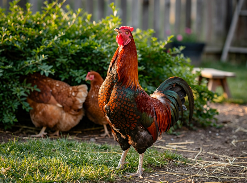 Vigilant rooster standing alert with neck stretched up scanning the sky while hens take cover under brush