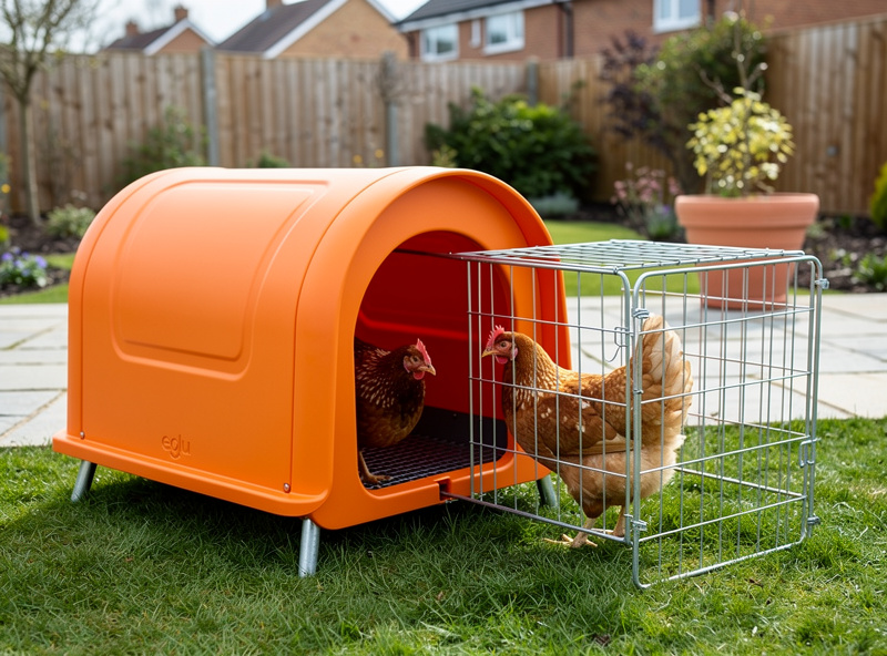 Portable chicken house with solid wood walls and small wheels parked on a backyard lawn next to garden beds