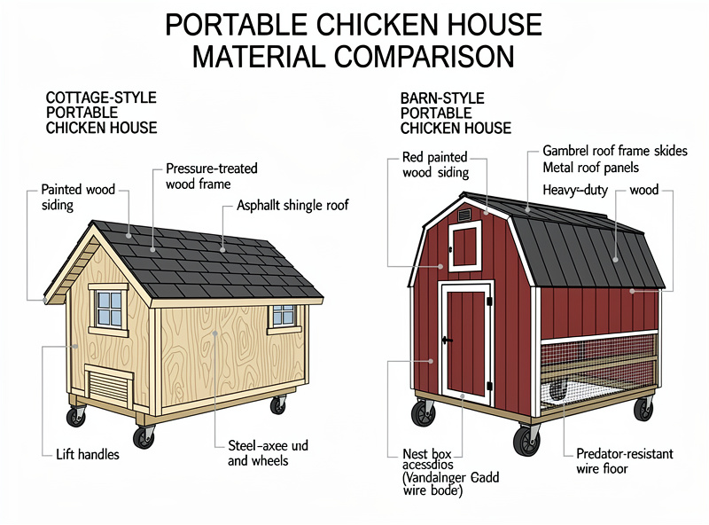 Side-by-side comparison of cottage-style portable chicken house and barn-style portable chicken house showing material and roof differences